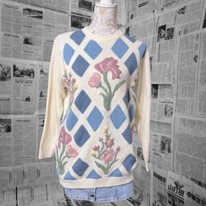 Vintage Alfred Dunner Argyle Floral Sweater Size S Petite Oversized Cottage Core